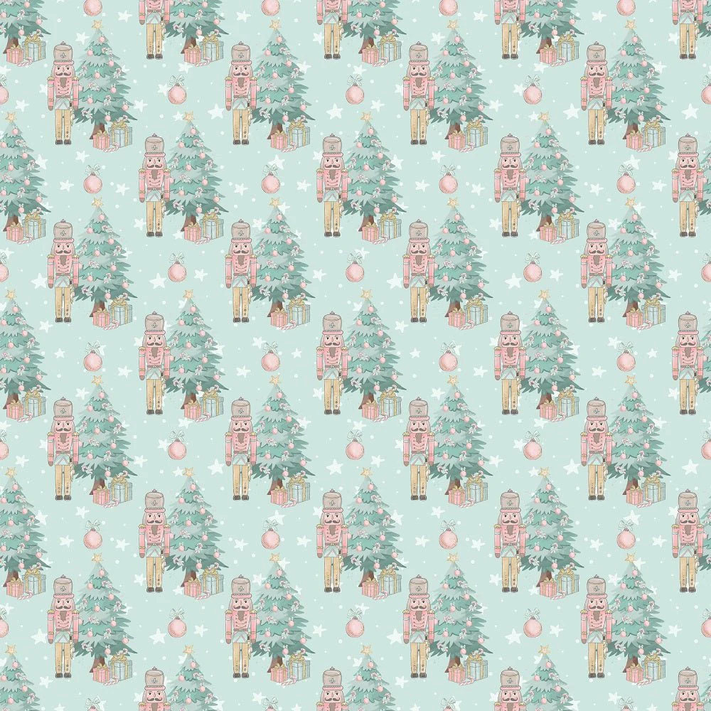 Elegant Nutcracker Next to Tree White Stars Fabric - Green