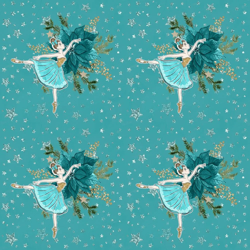 Elegant Nutcracker Poinsettias and Ballerinas on Stars Fabric - Blue