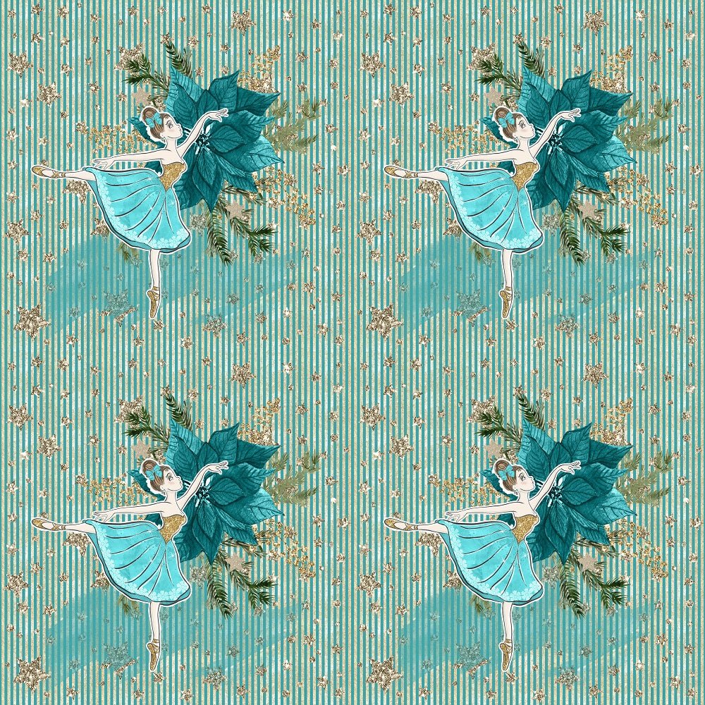 Elegant Nutcracker Poinsettias and Ballerinas on Stripes Fabric - Blue