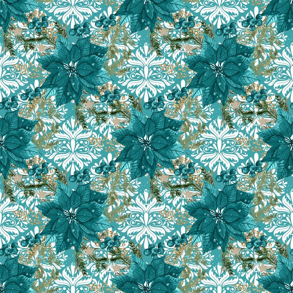 Elegant Nutcracker Poinsettias on Damask Fabric - Blue