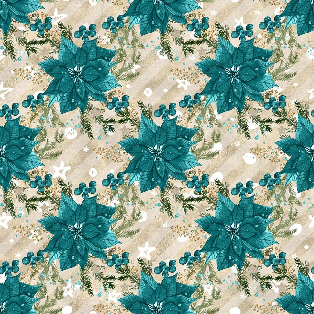 Elegant Nutcracker Poinsettias on Stripes Fabric - Tan