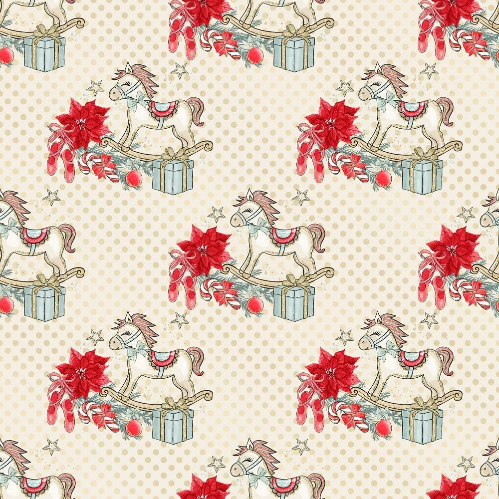 Elegant Nutcracker Rocking Horse Dots Fabric - Tan