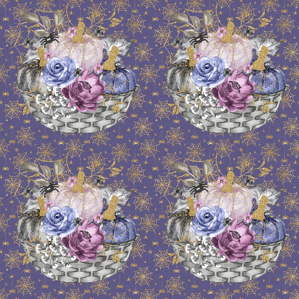 Elegant Pumpkins Bundle on Gold Webs Fabric - Blue