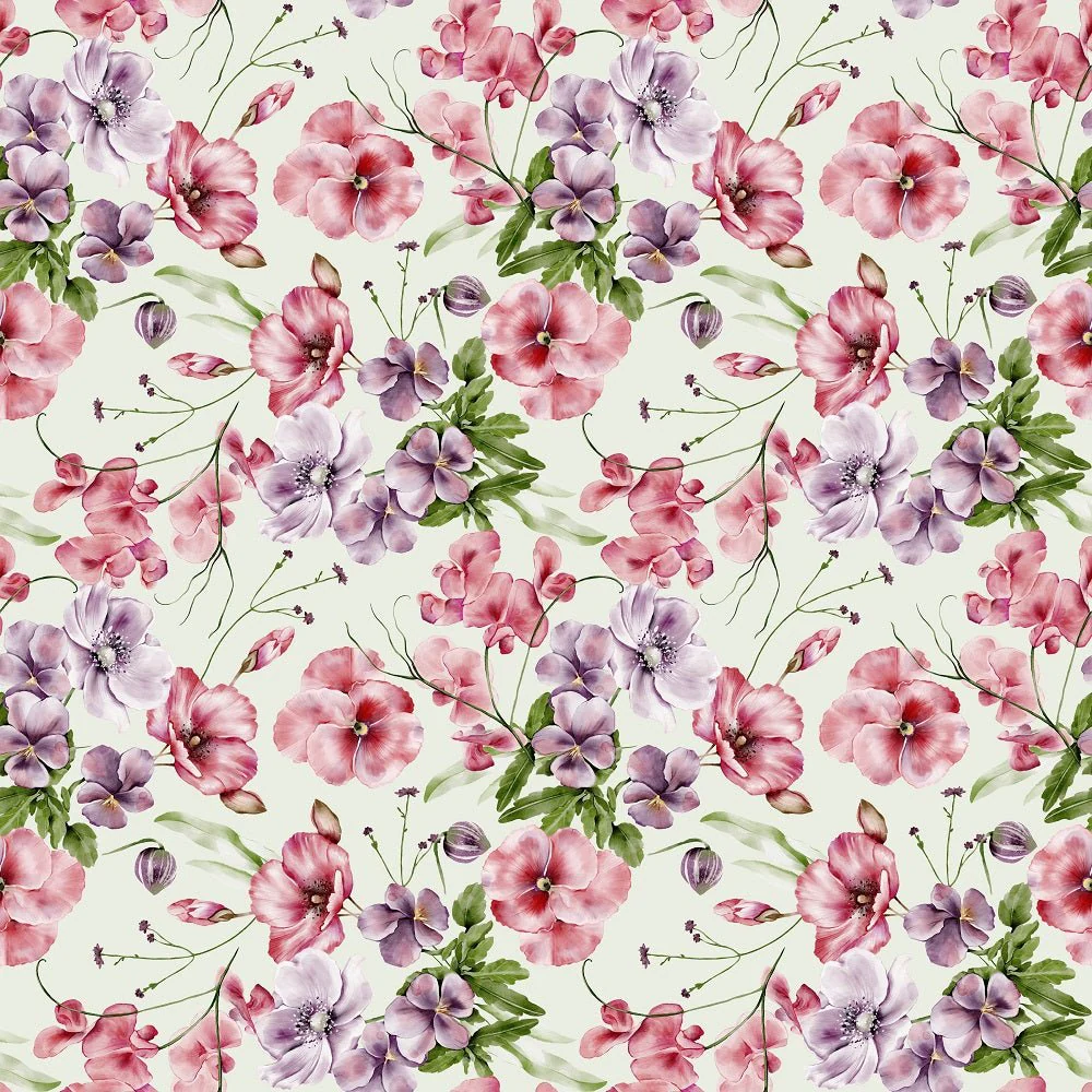 English Garden Pansies, Cosmos, and Poppies Fabric - Light Green