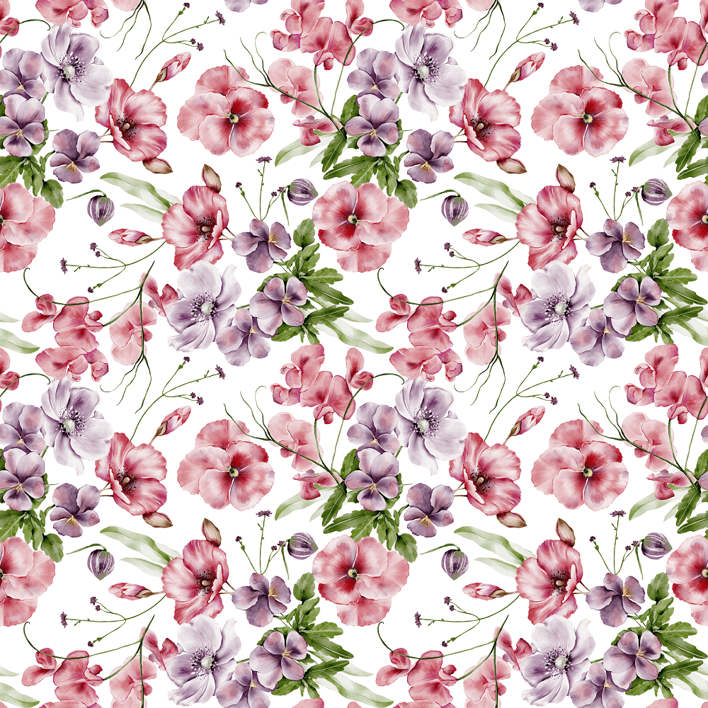 English Garden Pansies, Cosmos, and Poppies Fabric - White