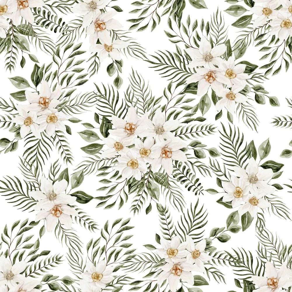 Evergreen Forest Floral #2 Fabric - White