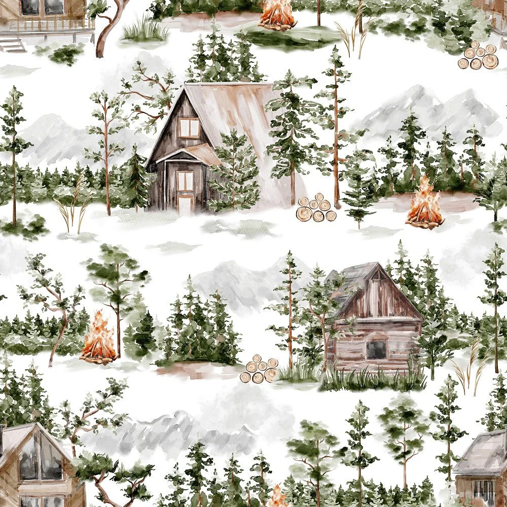 Evergreen Forest Scene #2 Fabric - White