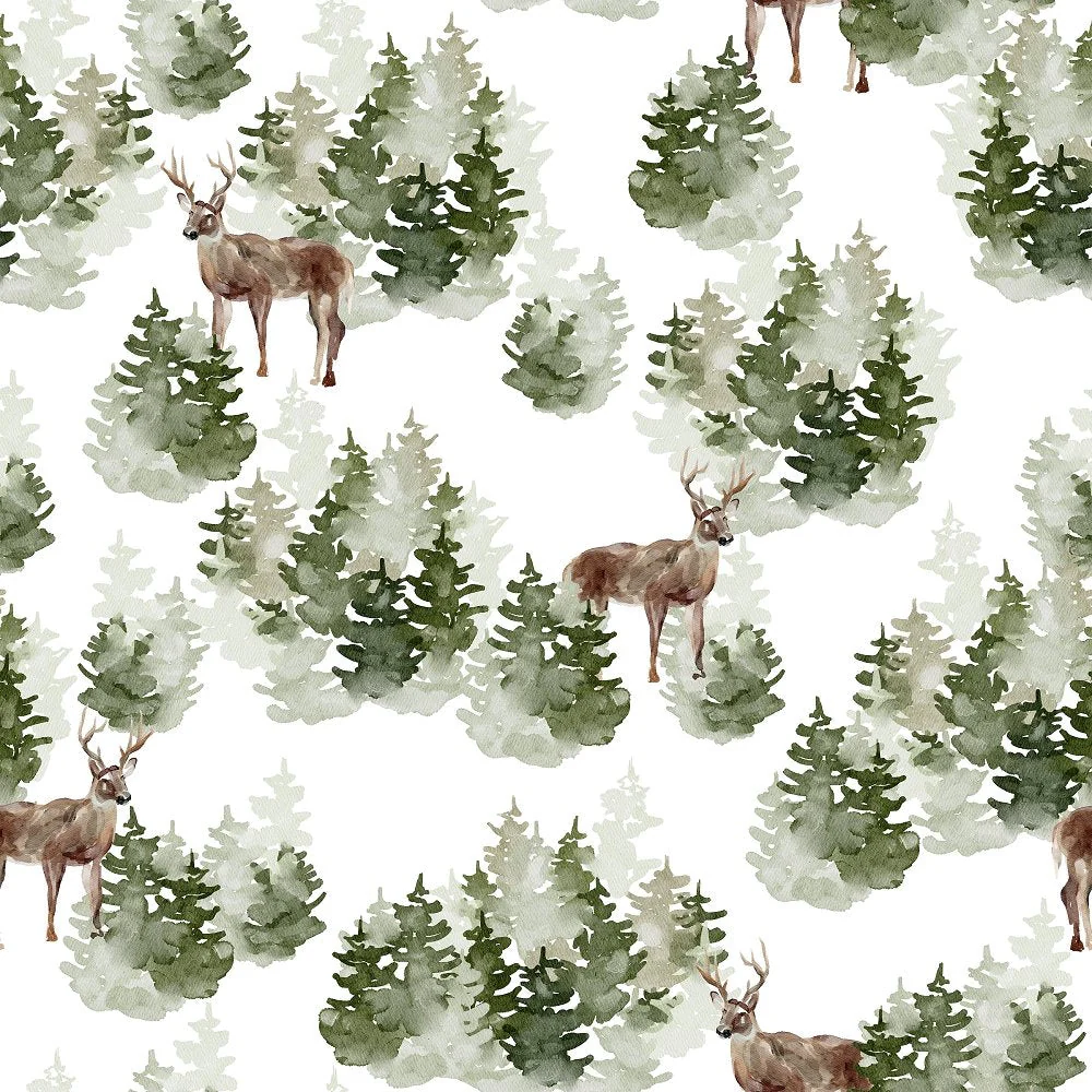 Evergreen Forest Scene #5 Fabric - White