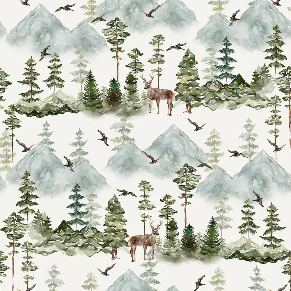 Evergreen Forest Scene #6 Fabric - White