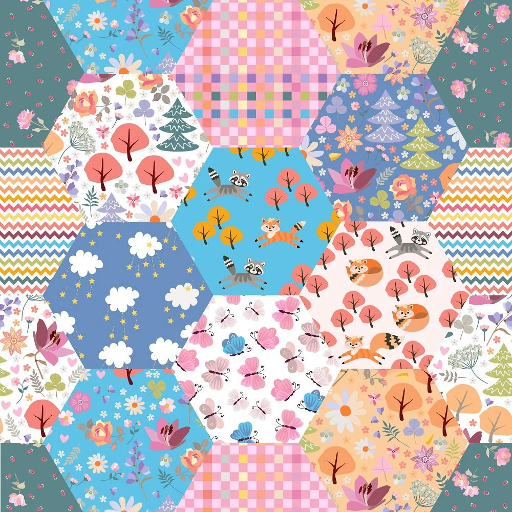 Fairytale Patchwork with Animals and Flowers Fabric