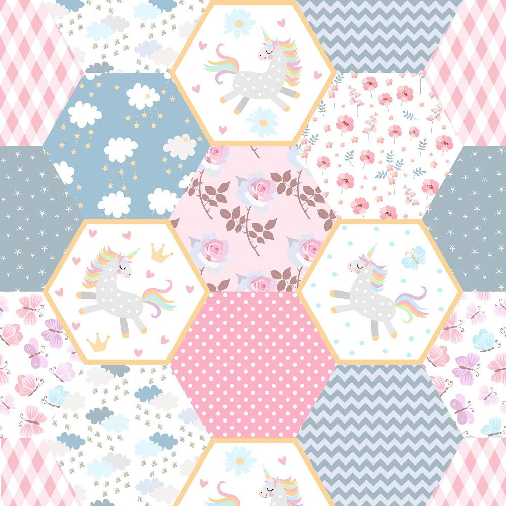 Fairytale Patchwork with Unicorns, Chevron and Flowers Fabric