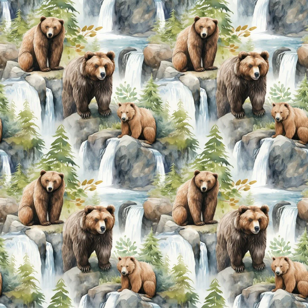 Family of Bears in Wilderness Fabric