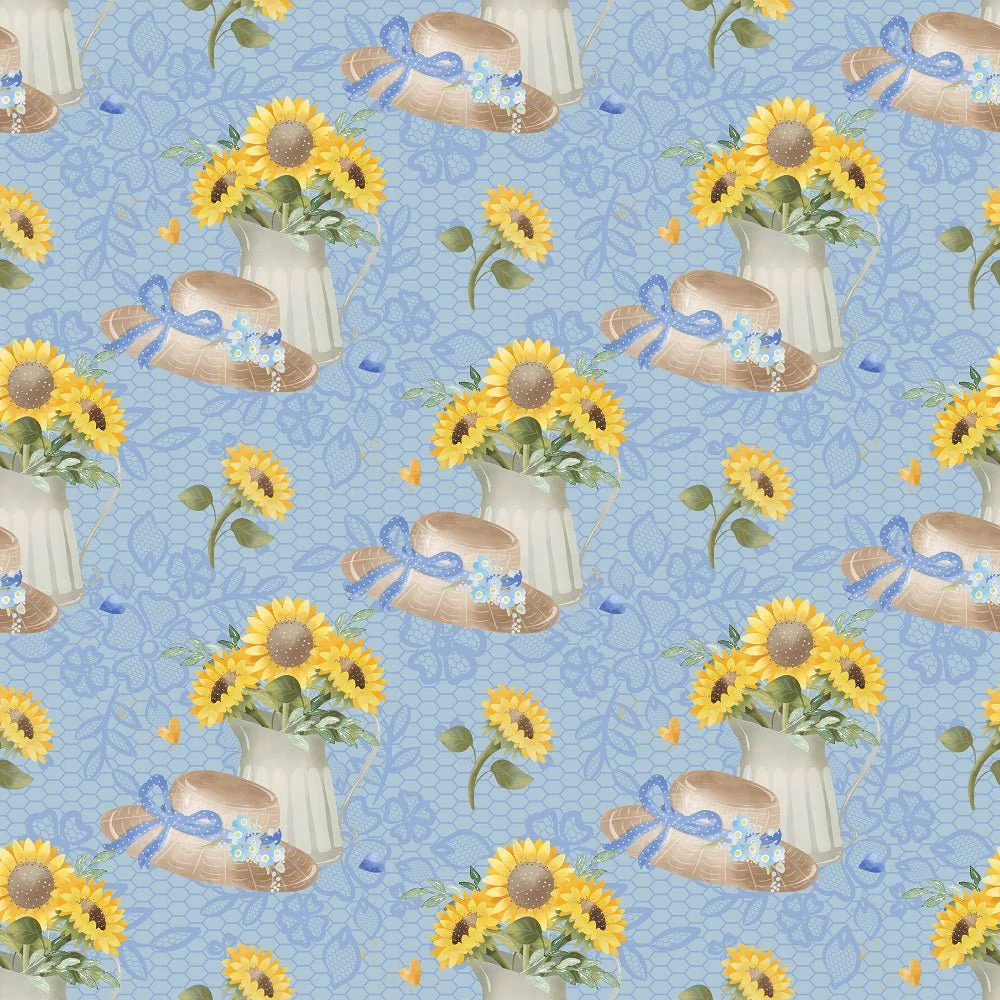 Farmhouse Sunflowers on Lace Fabric - Blue
