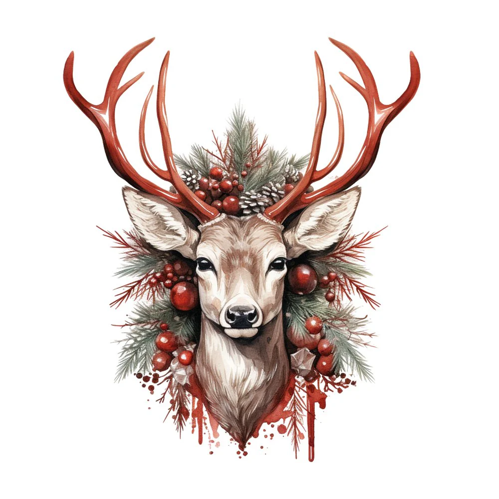 Festive Buck with Red Antlers Fabric Panel