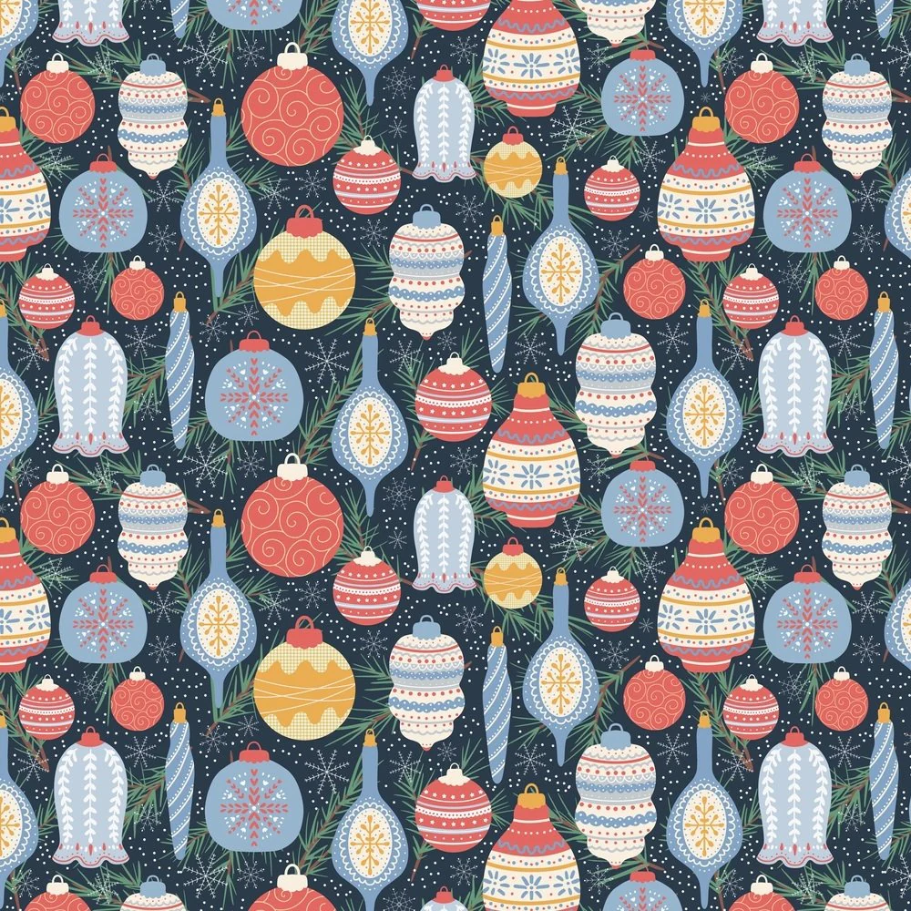 Festive Christmas Ornaments Fabric - Black