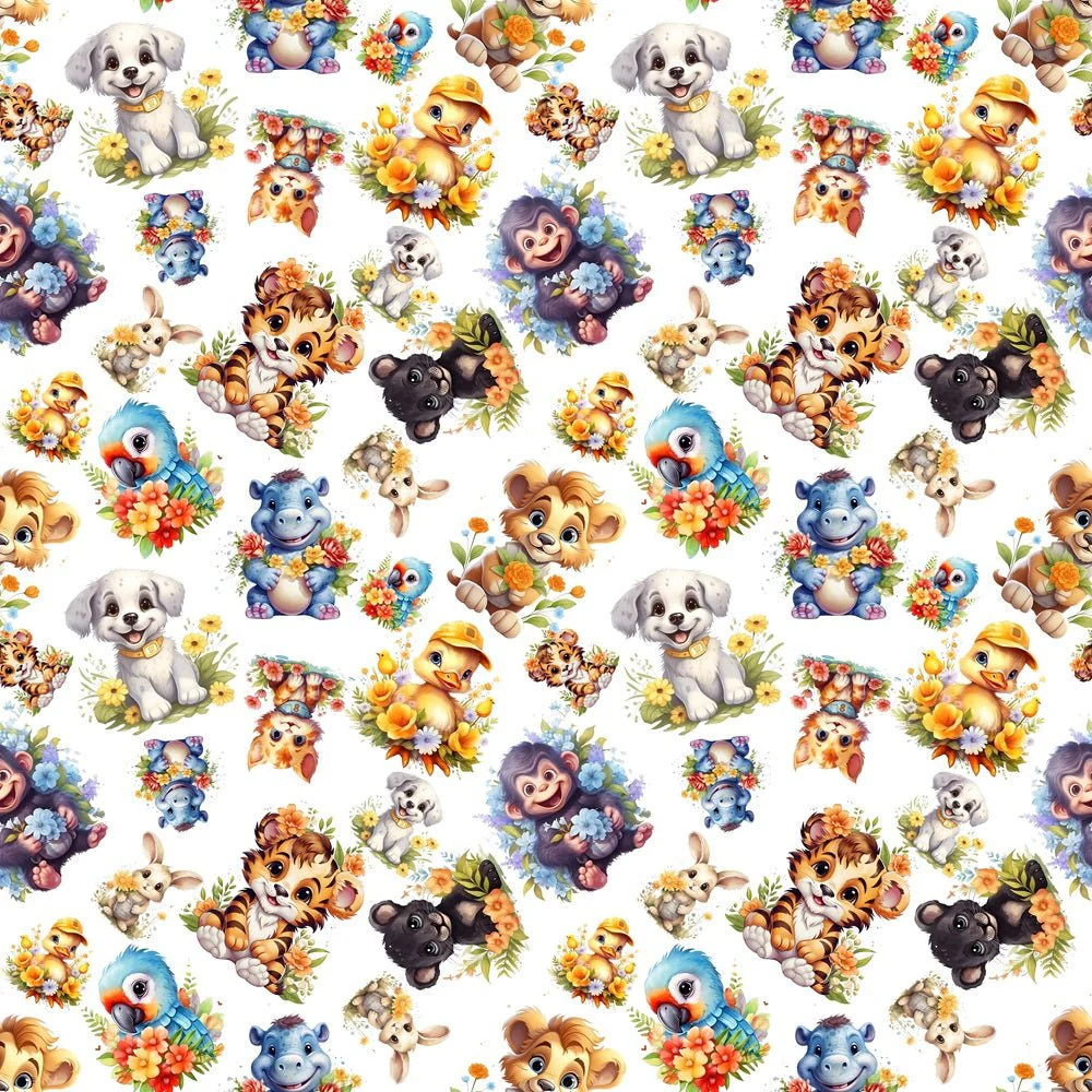 Floating Baby Animals & Flowers Fabric