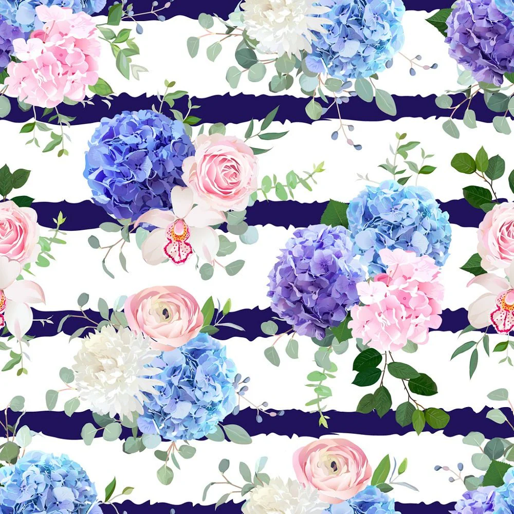 Floral Bouquets on Blue Stripes Fabric