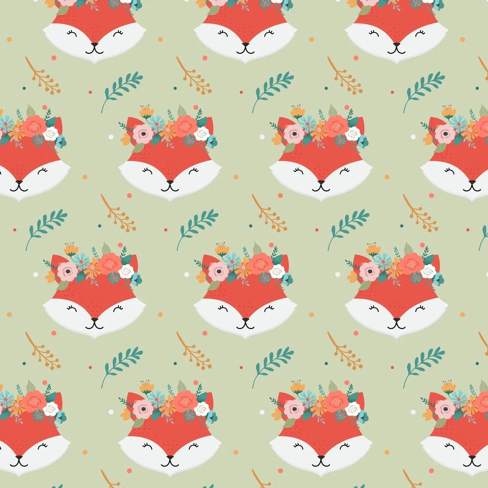Floral Crown Fox Fabric - Green