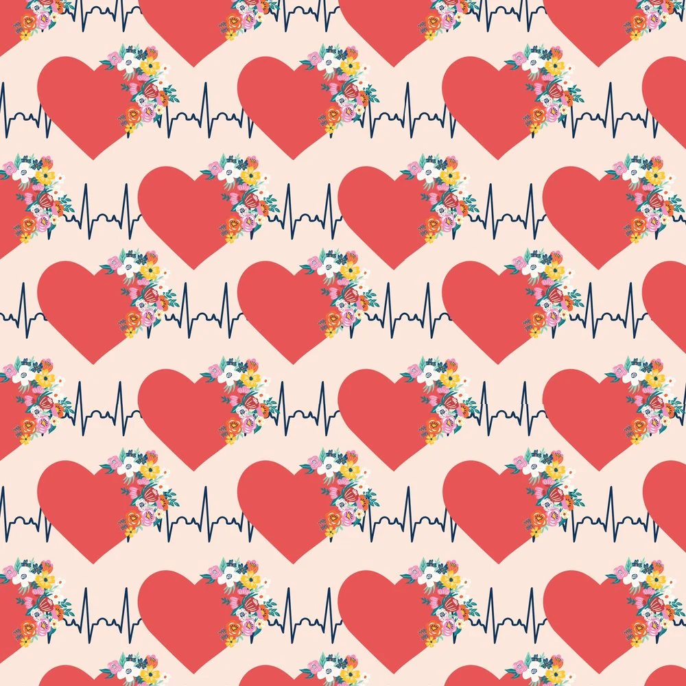 Floral EKG Hearts Fabric - Pink