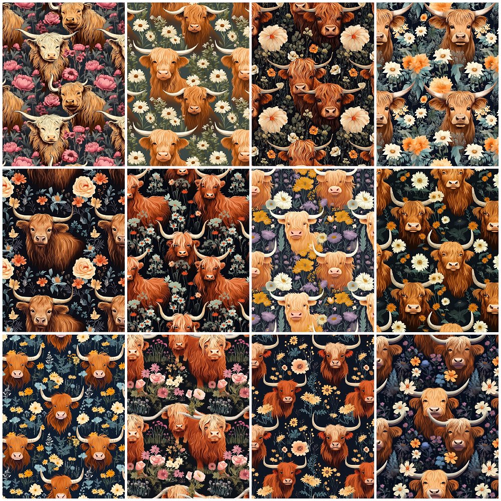 Floral Highland Cows Fat Quarter Bundle - 12 Pieces