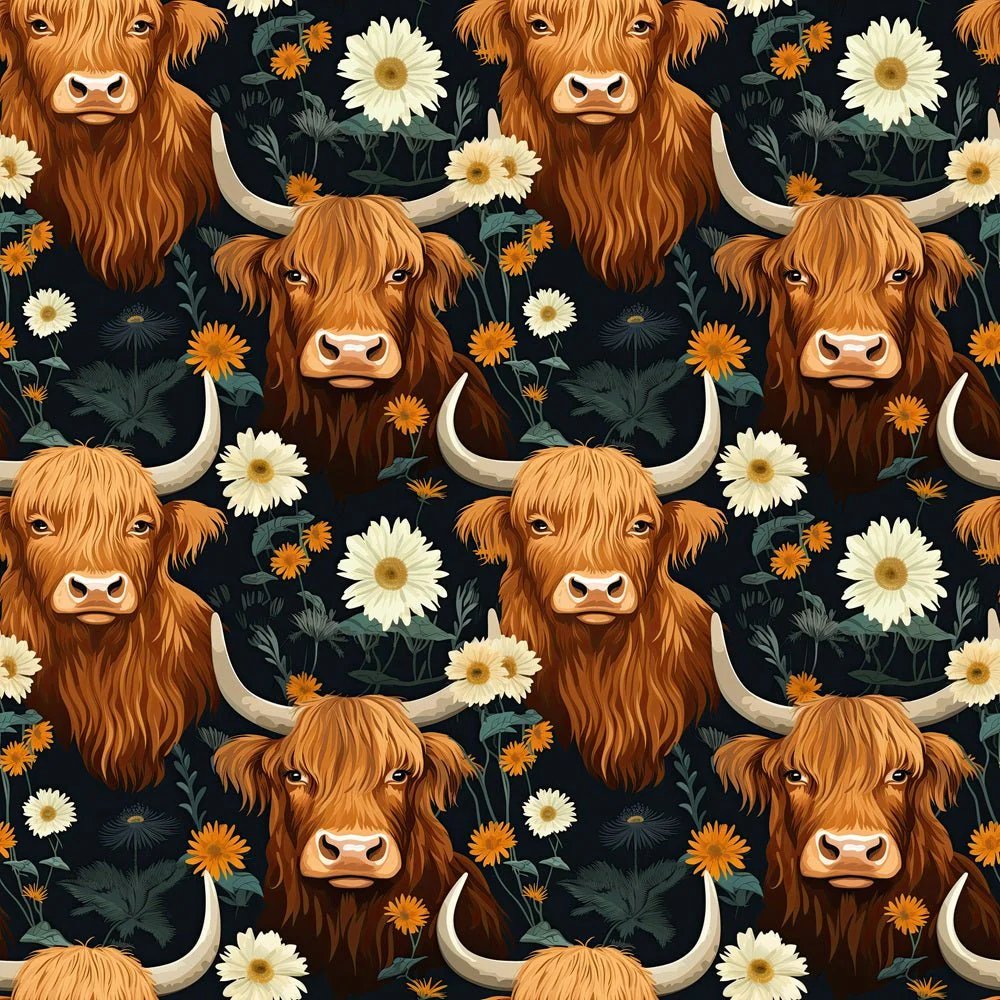 Floral Highland Cows Pattern #2 Fabric