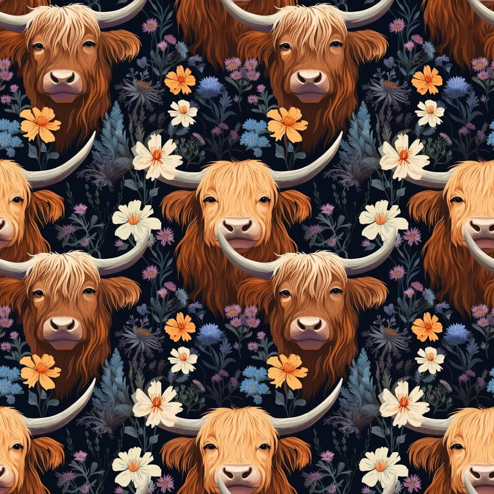 Floral Highland Cows Pattern #4 Fabric