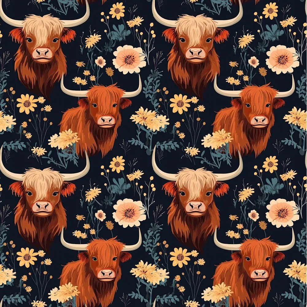 Floral Highland Cows Pattern #5 Fabric