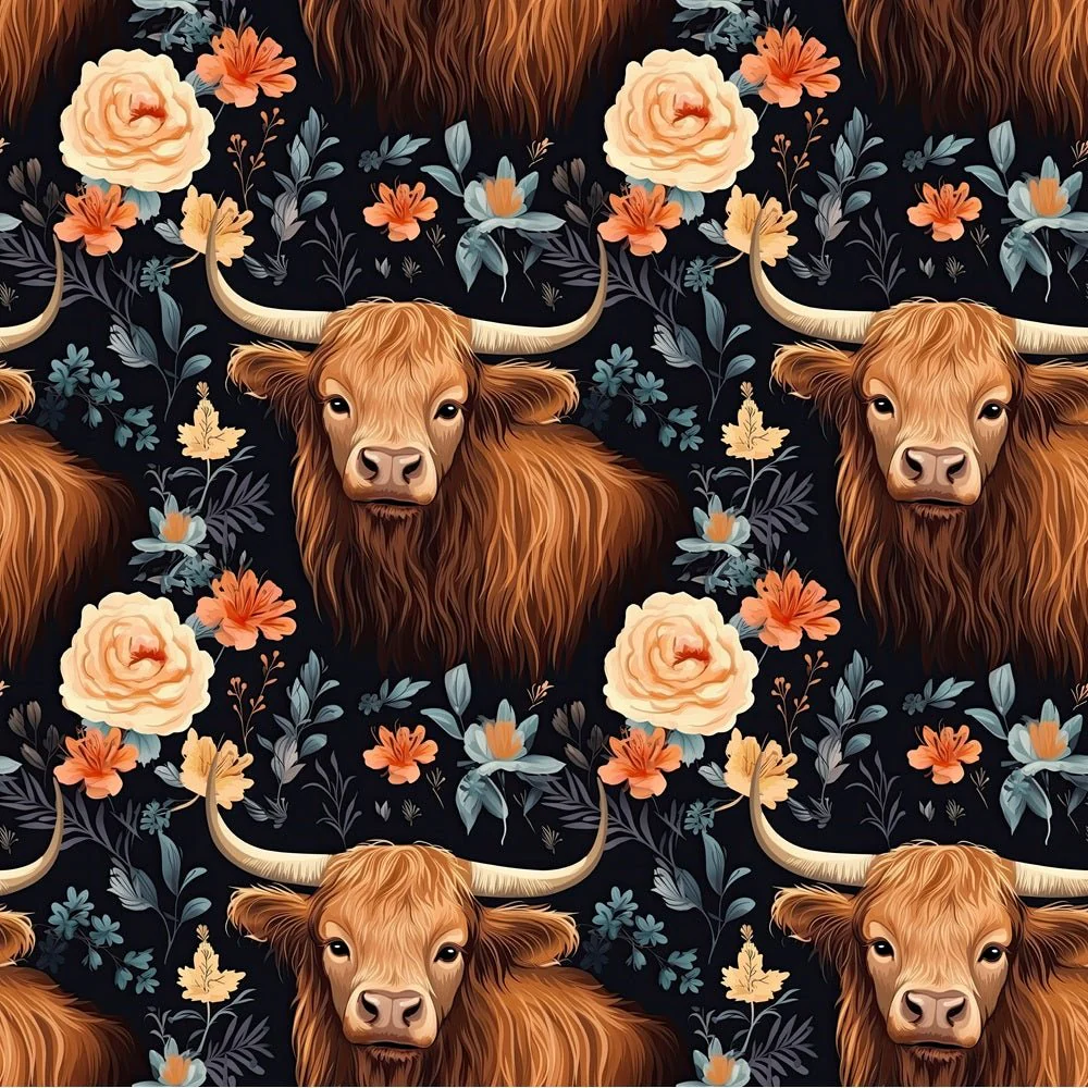 Floral Highland Cows Pattern #7 Fabric