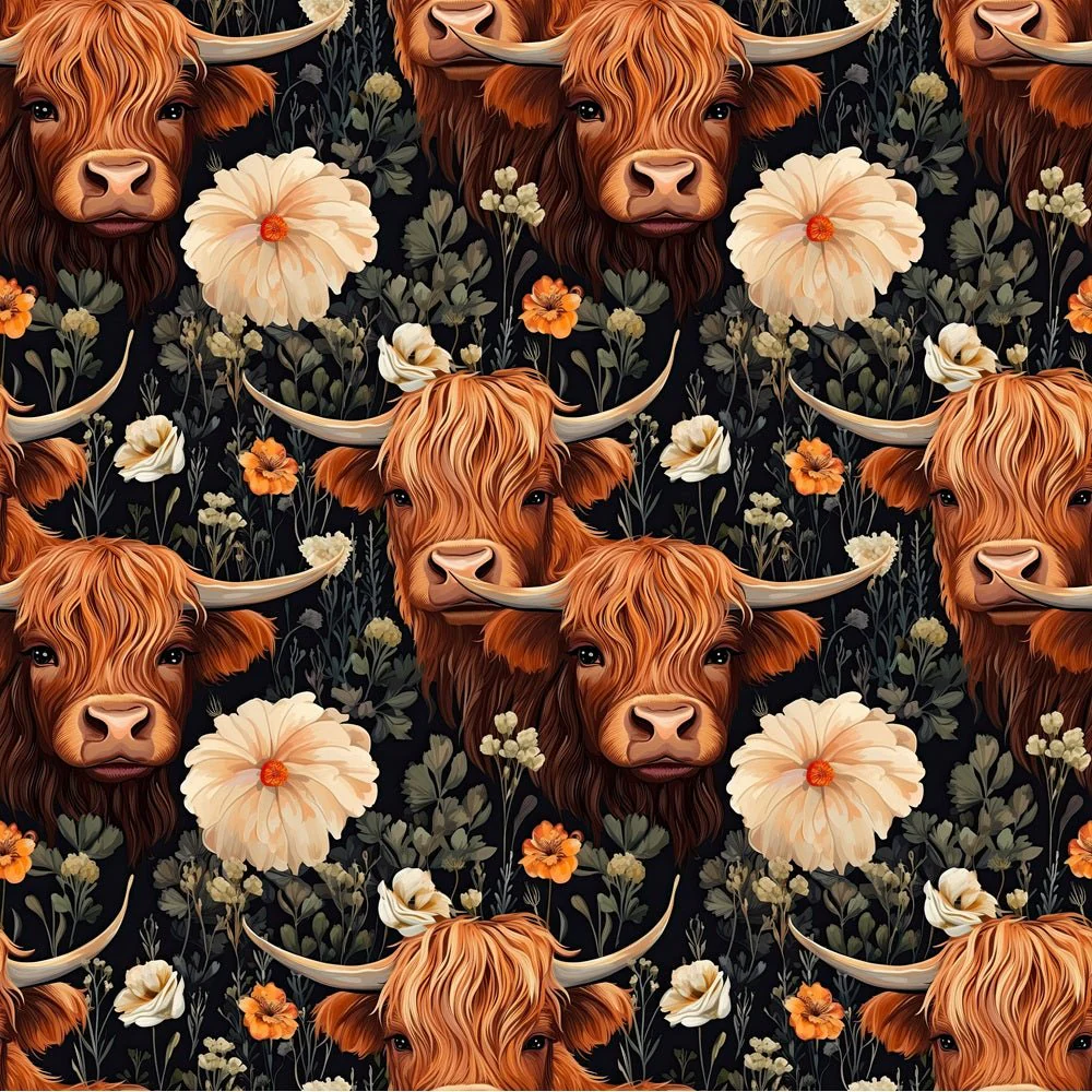 Floral Highland Cows Pattern #8 Fabric