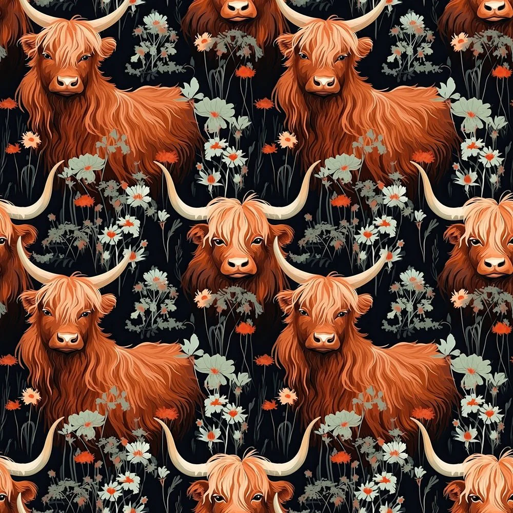 Floral Highland Cows Pattern #9 Fabric