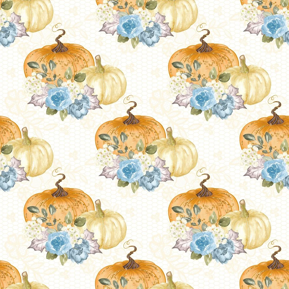 Floral Pumpkins & Lace Fabric - White