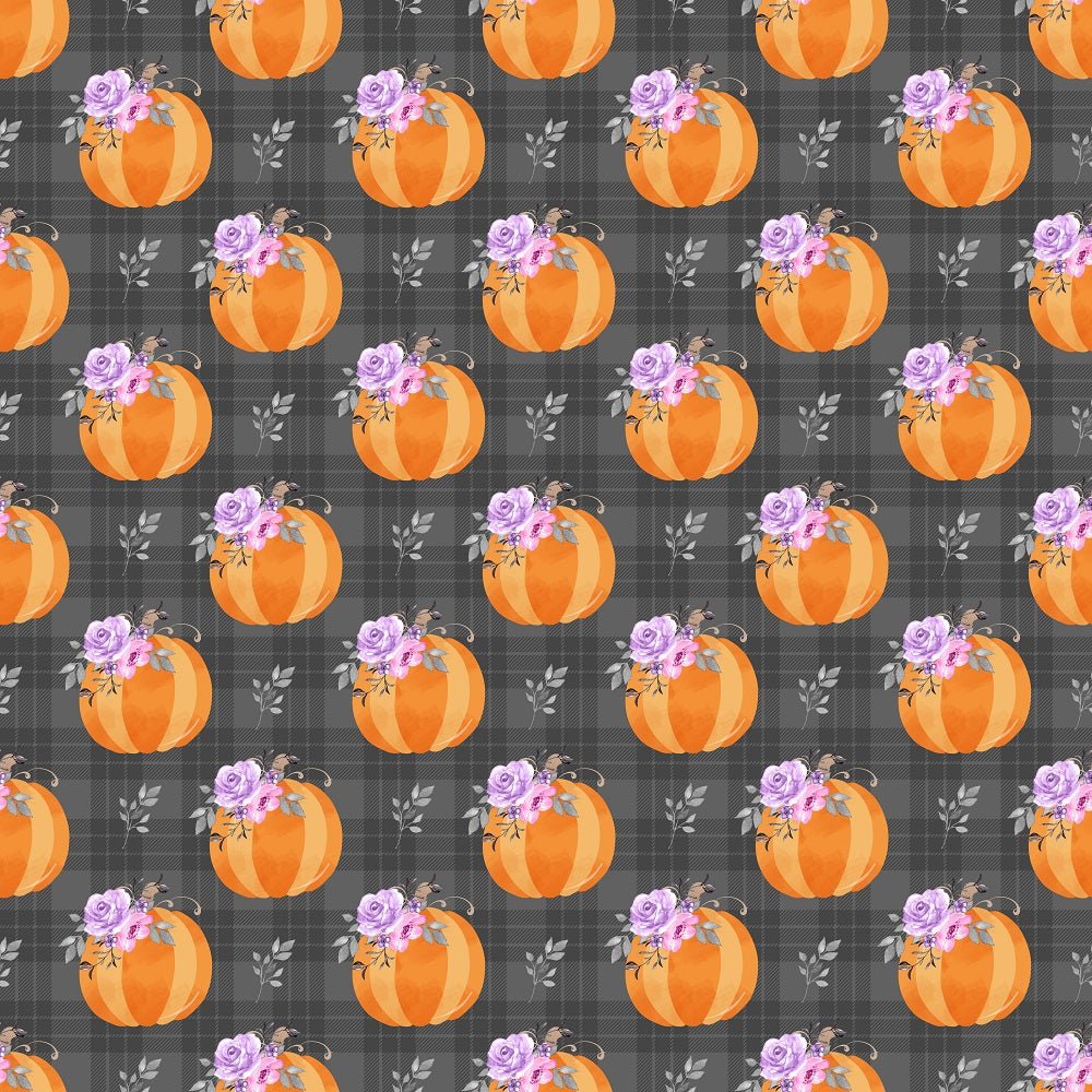 Floral Pumpkins on Buffalo Plaid Fabric - Black