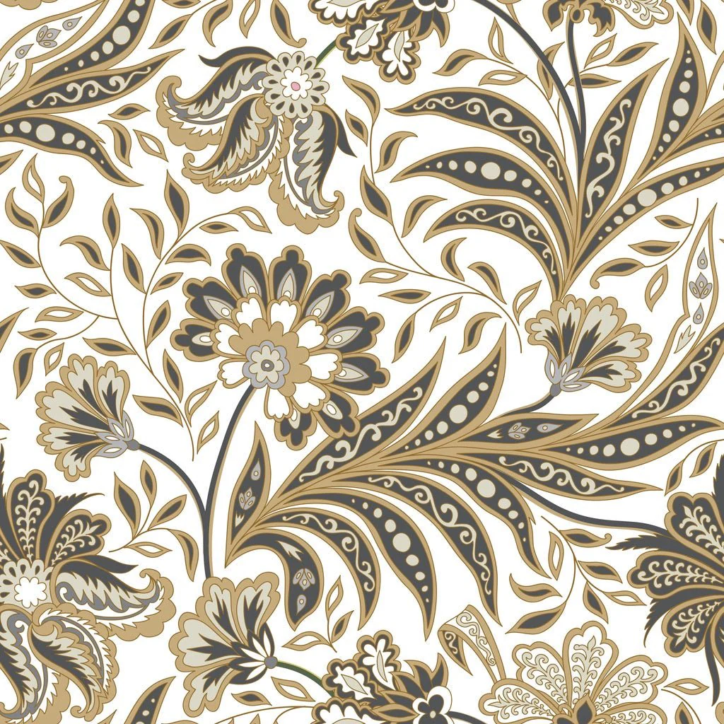 Flourish Oriental Flowers Fabric - White