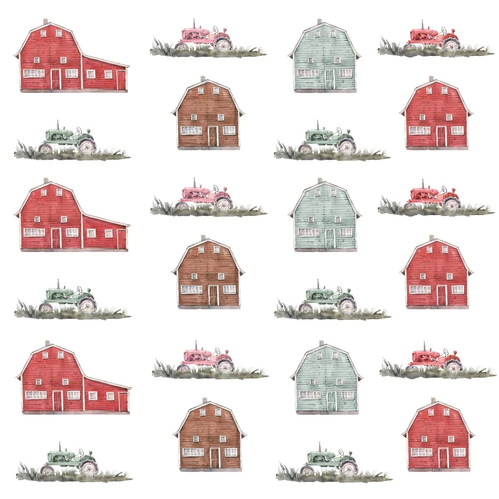 Fluffy Animals on the Farm Barns and Tractors Fabric - White