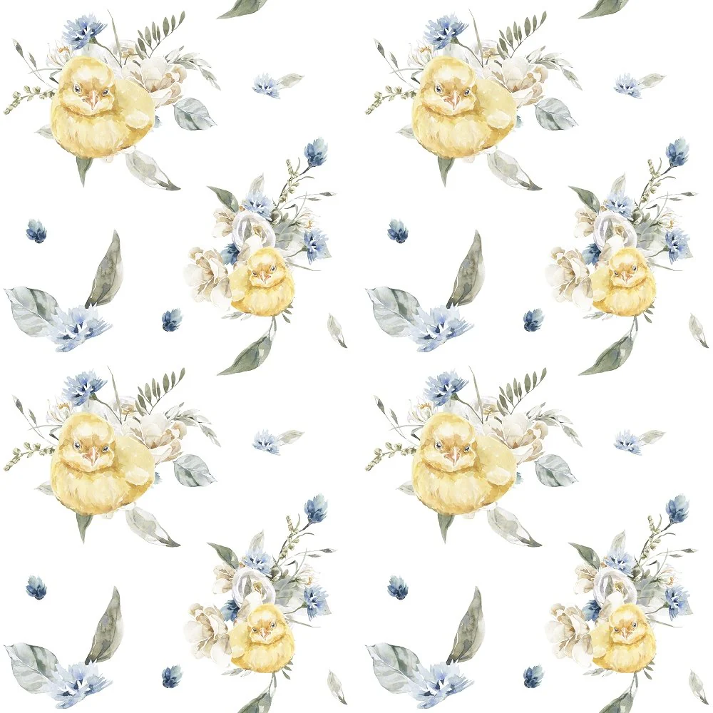Fluffy Animals on the Farm Chicks & Flowers Fabric - White