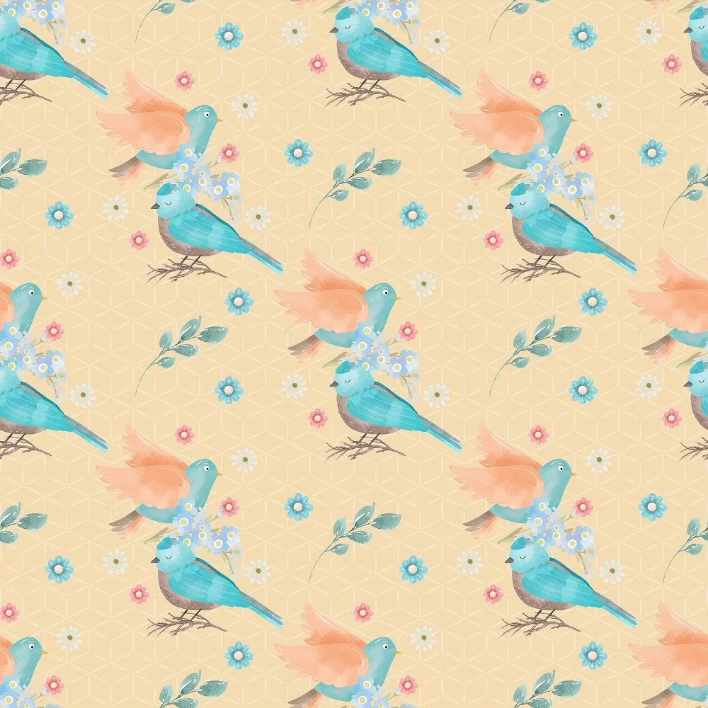 Flying Birds & Flowers Fabric - Light Yellow