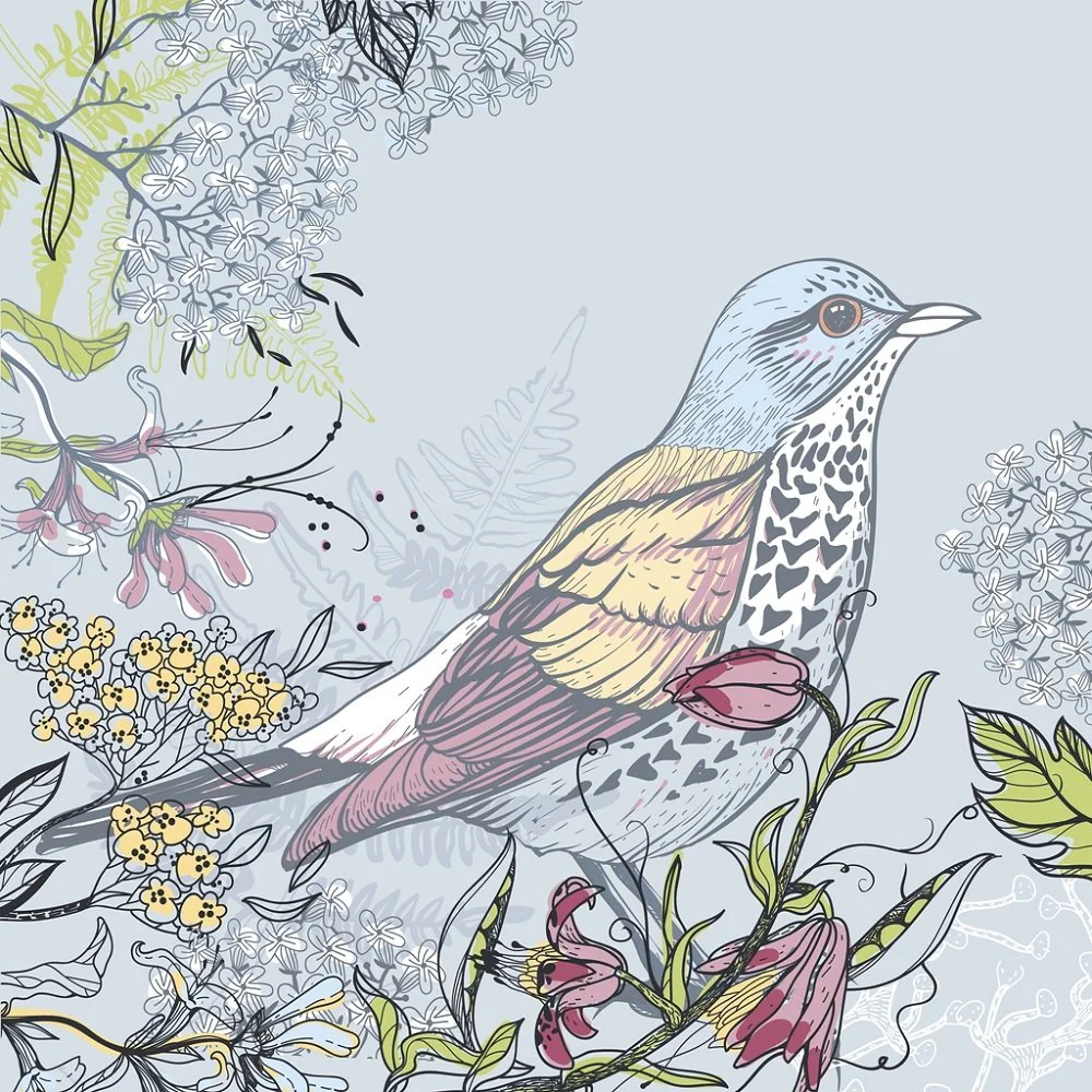 Forest Bird & Flowers Fabric Panel - Gray