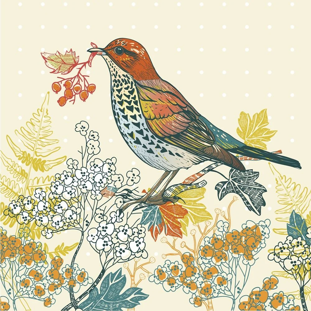 Forest Bird & Plants Fabric Panel