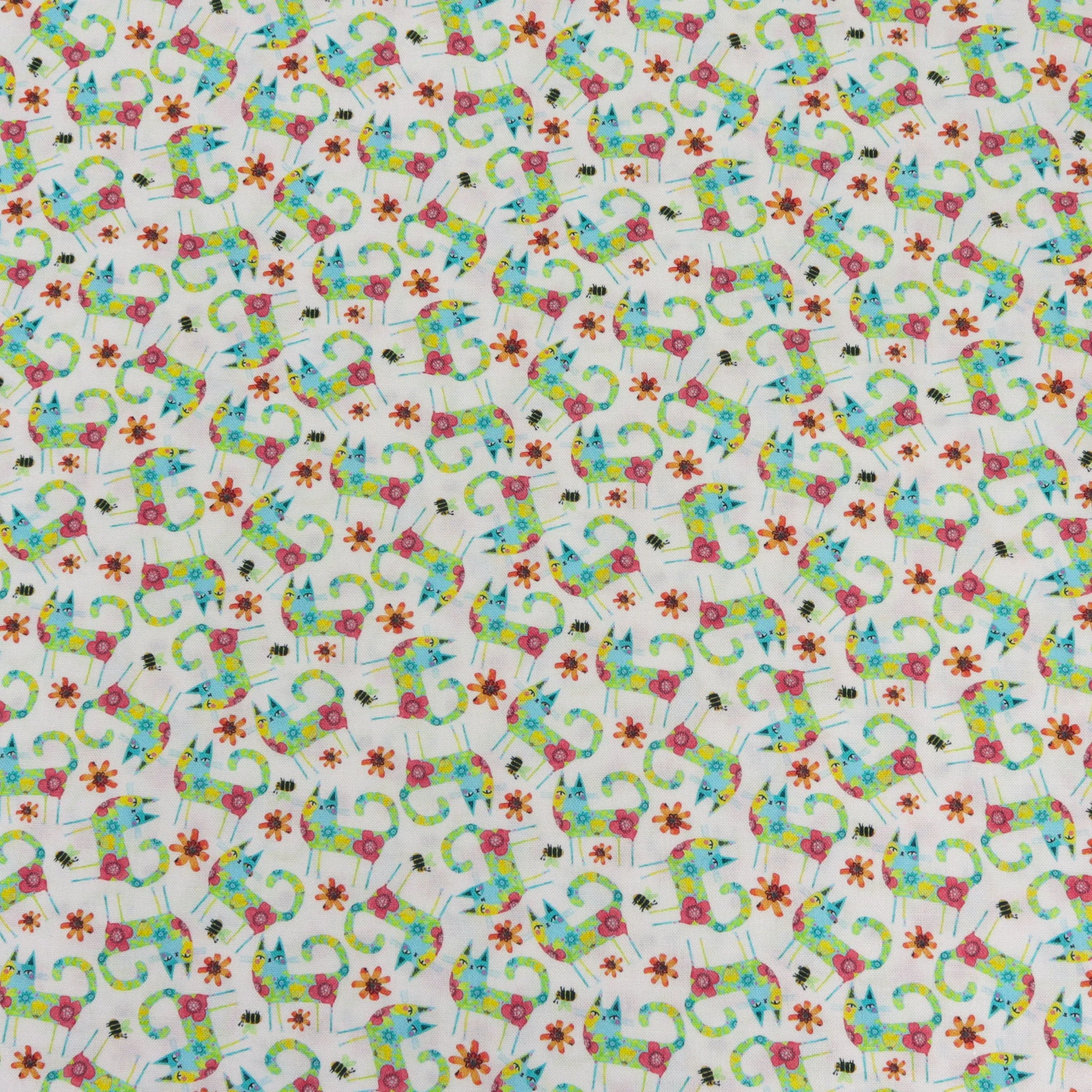 Garden Cats Fabric Collection - Patterned Cats Teal/Multi