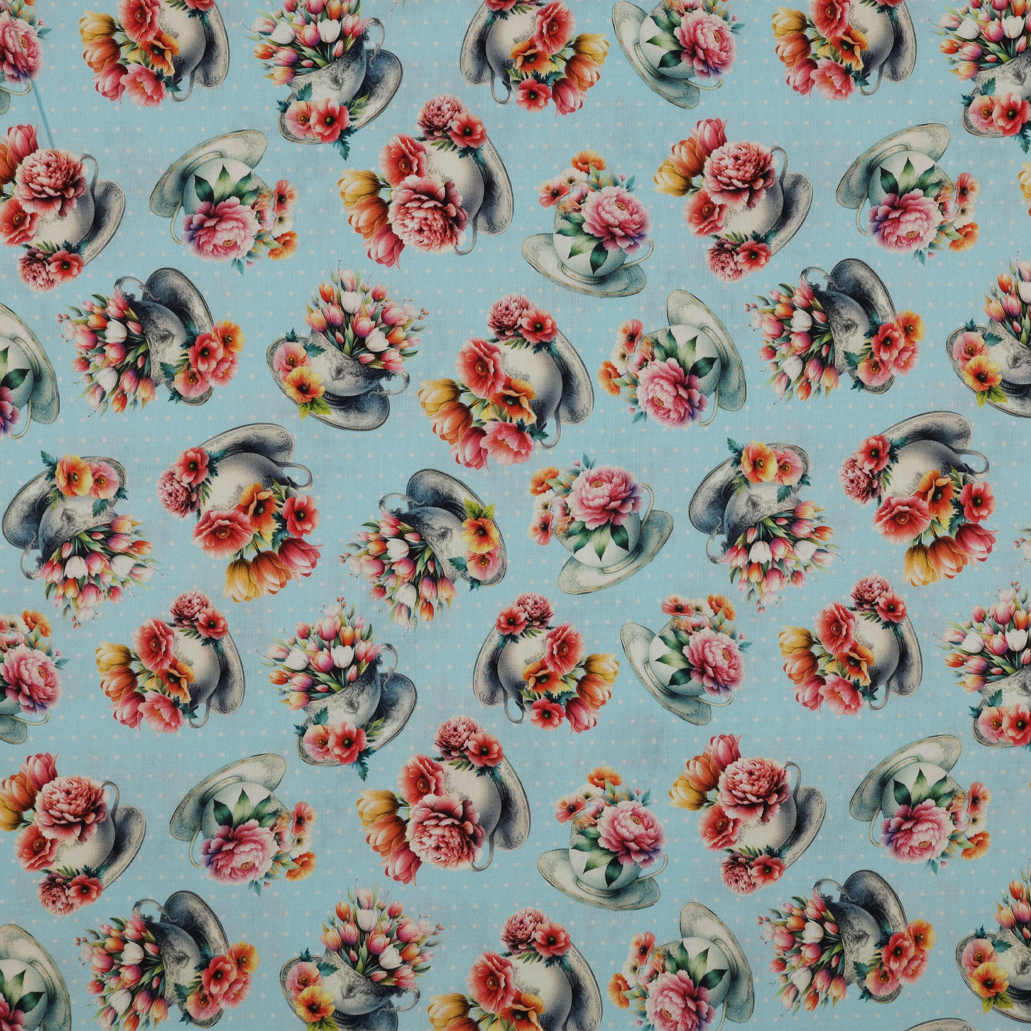 Garden Tea Fabric Collection - Garden Tea Cups Sky Blue