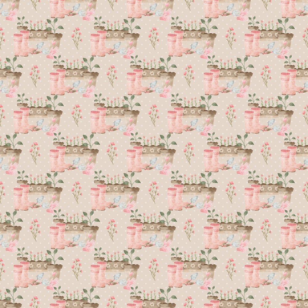 Gardening Tools on Polka Dot Fabric - Cream