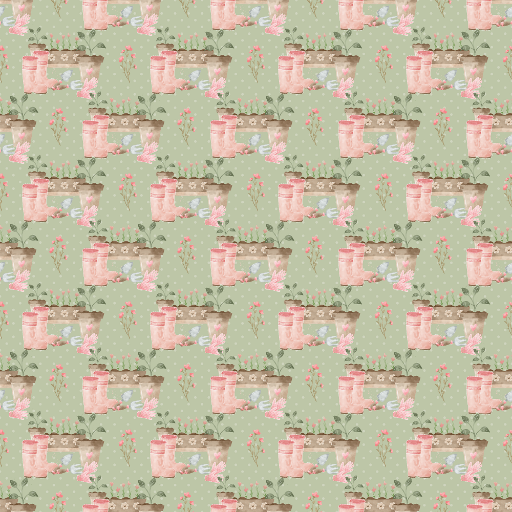 Gardening Tools on Polka Dot Fabric - Green