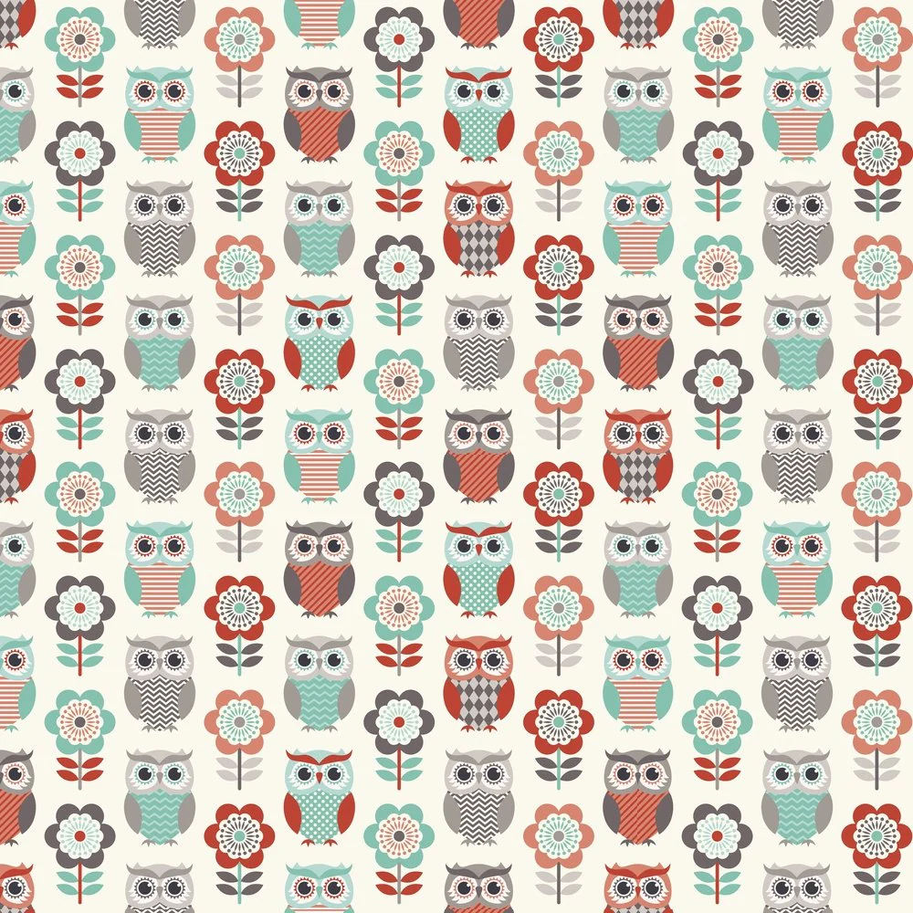 Geometric Owl And Flower Fabric -Multi