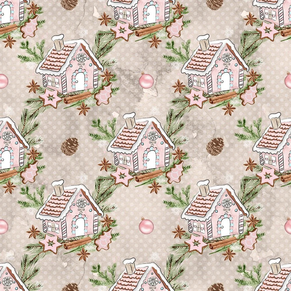 Gingerbread House on Dots Fabric - Tan