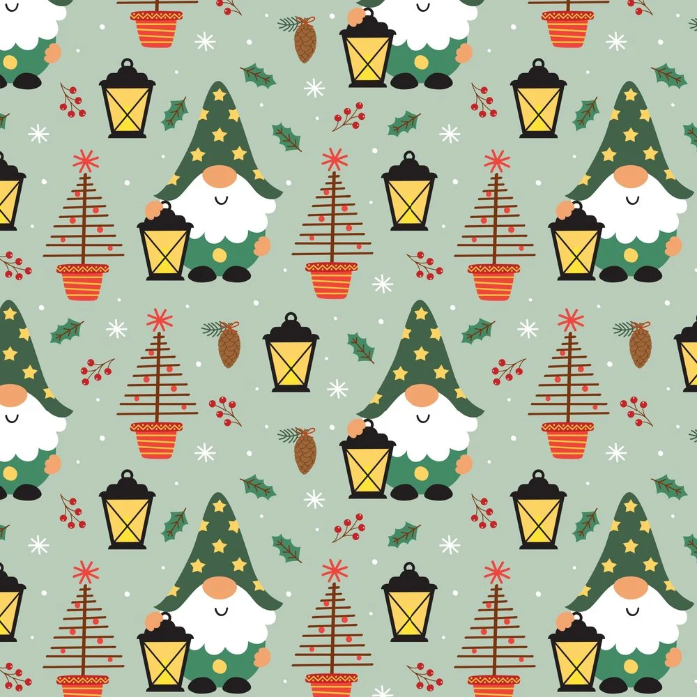 Gnome With Lantern Present Fabric - Green
