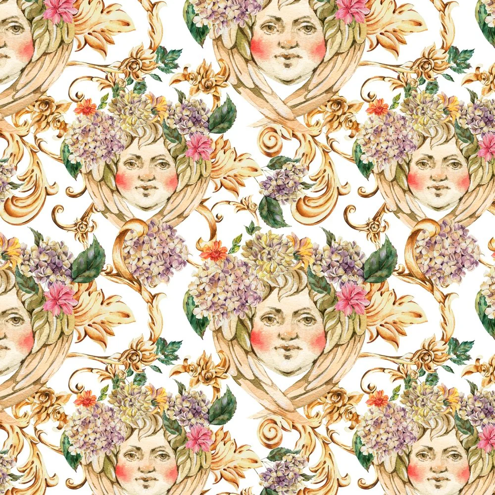 Golden Baroque Angel & Hydrangeas Fabric