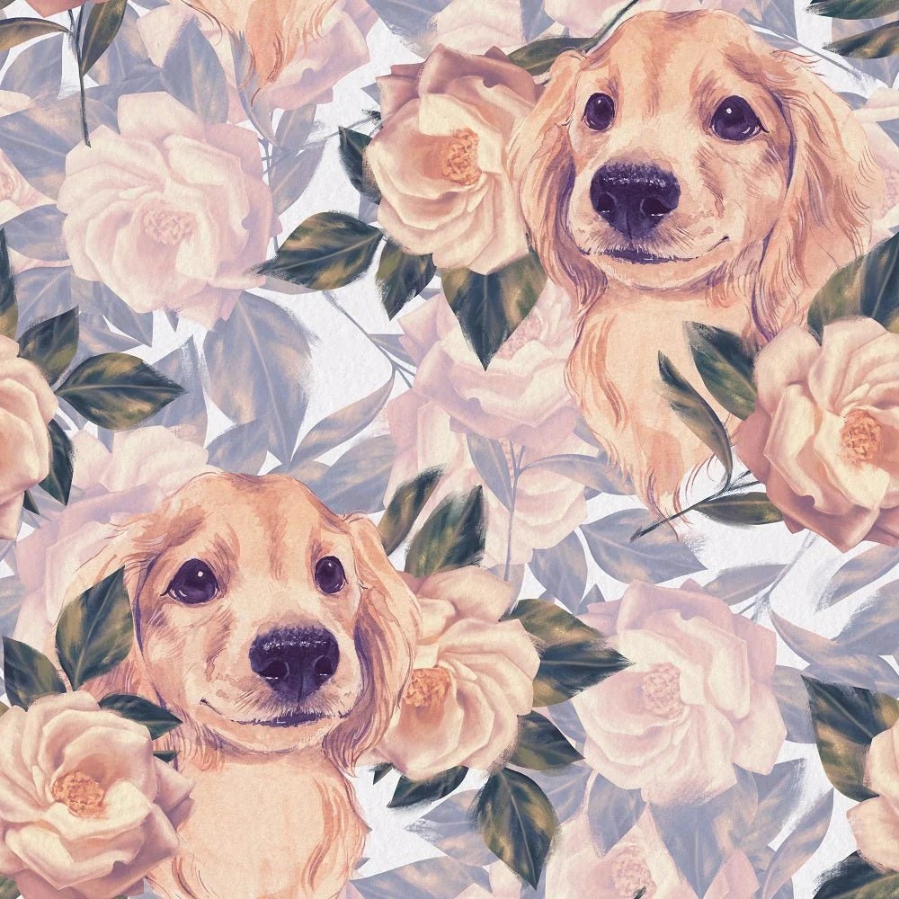 Golden Puppy and Golden Flowers Fabric