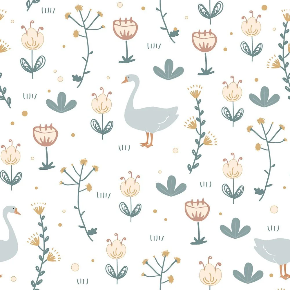 Goose and Doodle Flowers Fabric - White