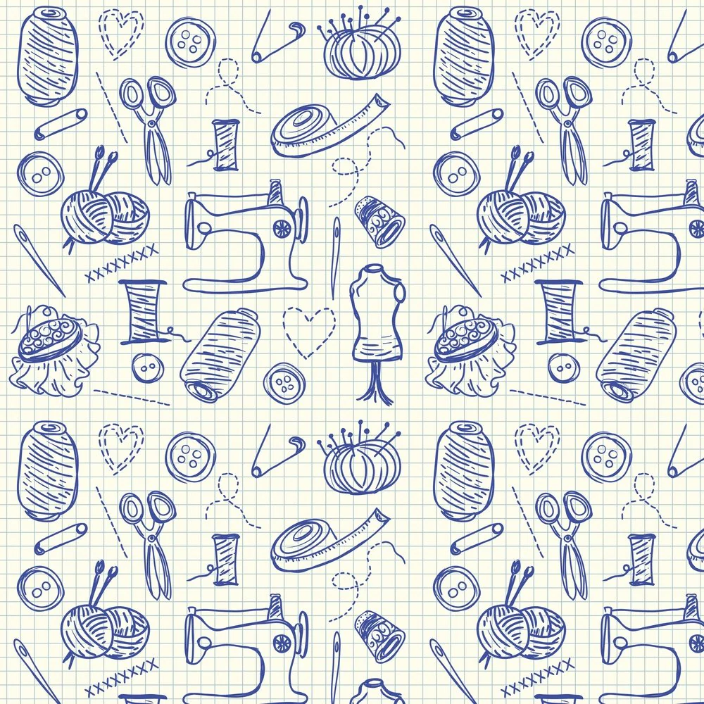 Graph Paper Sewing Doodles Fabric - Blue