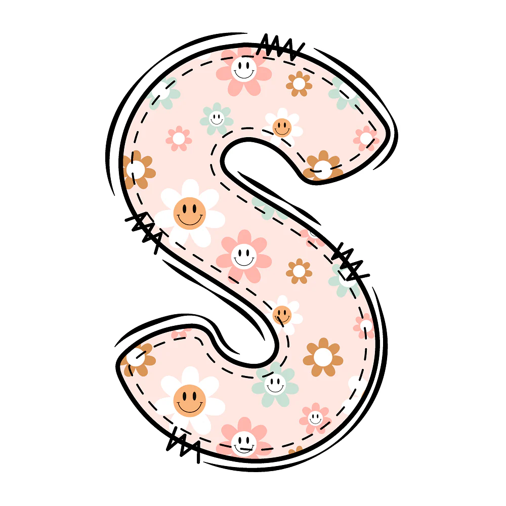 Groovy Doodle Smiley Flowers ''S'' Fabric Panel